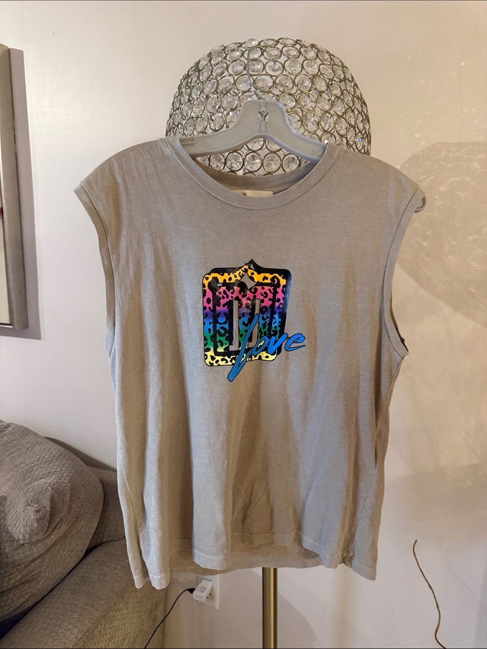 Maje Beige Tank Top with Rainbow Leopard Crest